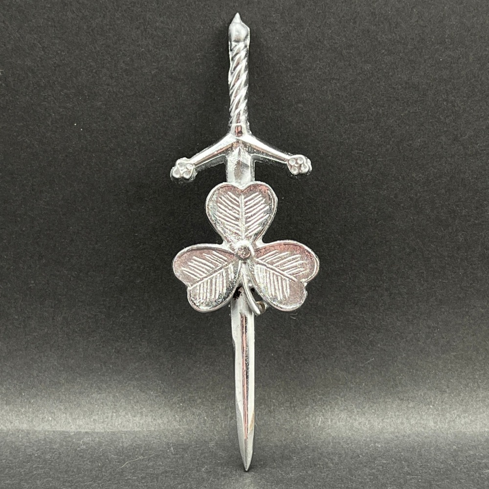 Kilt Pin Irish Shamrock Sword Brooch Silver‎ Tone Celtic Medieval